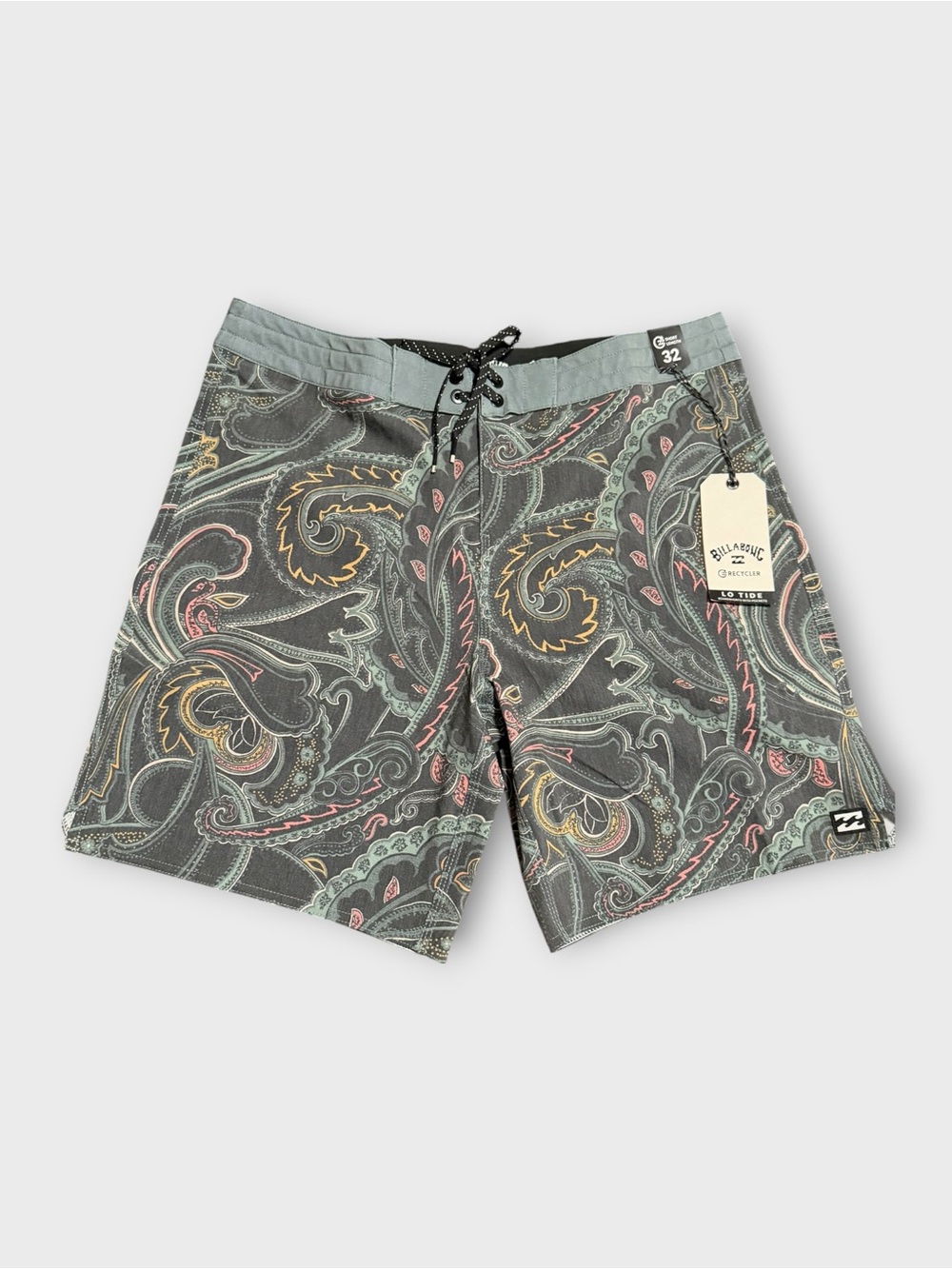 Billabong Men’s Black Paisley Boardshorts with Green and Red Accents